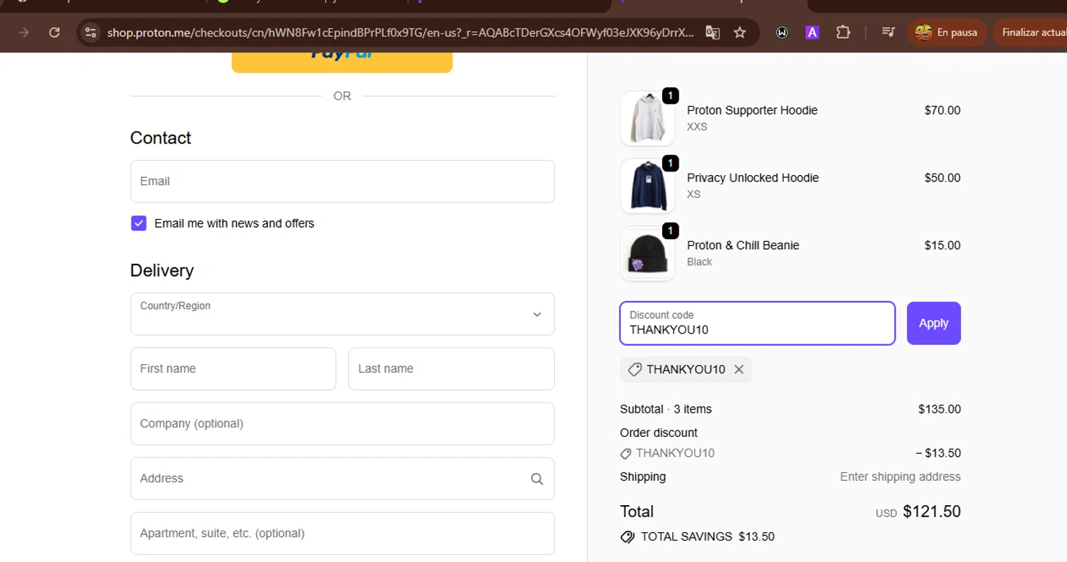 ProtonMail checkout page showing ProtonMail discount code box | Screenshot taken by SimplyCodes community member on Jan 31, 2026