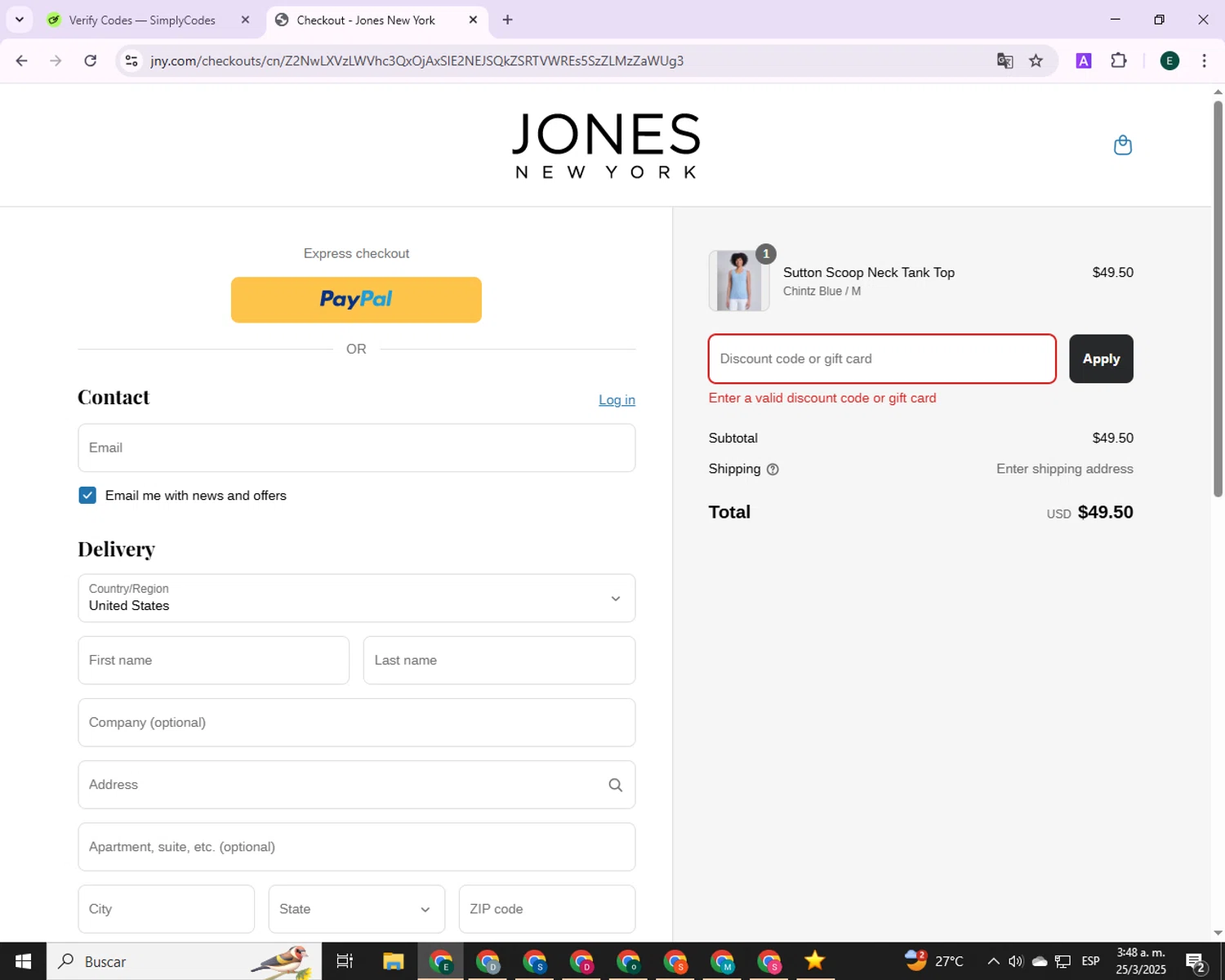 ProtonMail discount code screenshot showing code MAILPLUSINTRO applied at ProtonMail checkout page. Uploaded by SimplyCodes community member CrownBoss9623 on Mar 25, 2025