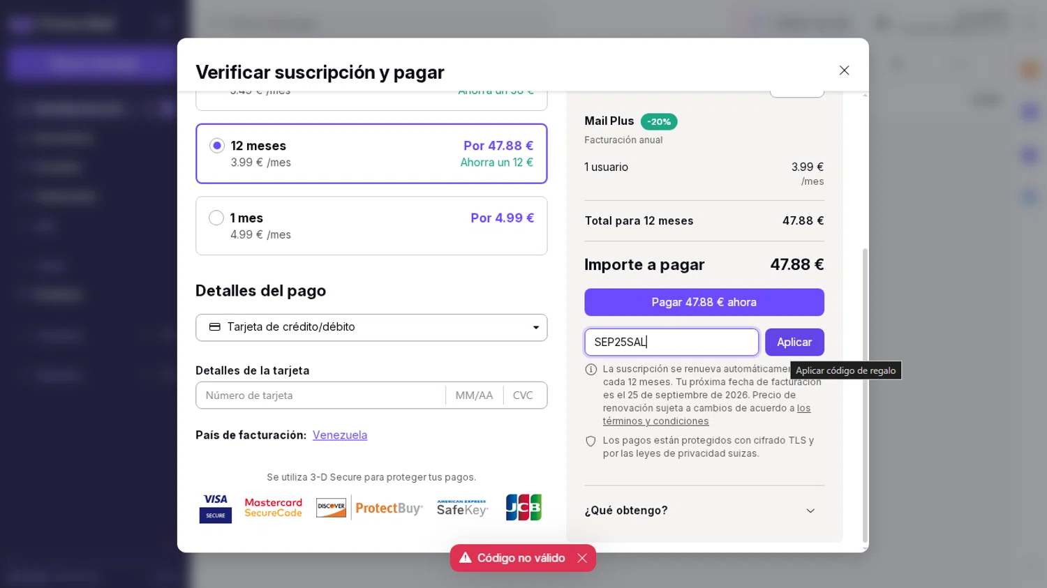 ProtonMail discount code screenshot showing code SEP25SALE applied at ProtonMail checkout page. Uploaded by SimplyCodes community member GoldRanger7896 on Sep 26, 2025