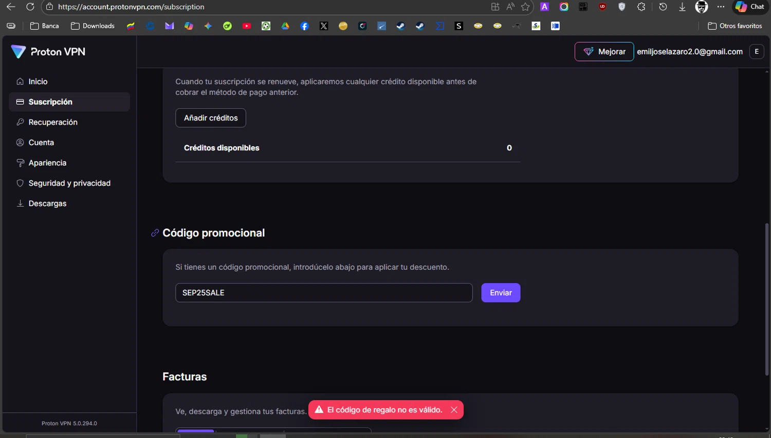 ProtonMail discount code screenshot showing code SEP25SALE applied at ProtonMail checkout page. Uploaded by SimplyCodes community member ROCKSORD_2 on Jan 23, 2026
