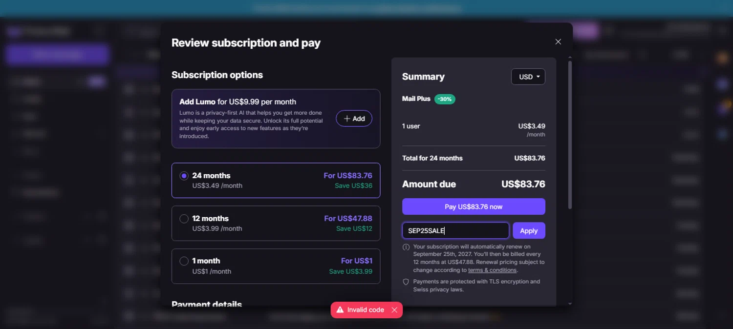 ProtonMail discount code screenshot showing code SEP25SALE applied at ProtonMail checkout page. Uploaded by SimplyCodes community member Vanecobyuv on Sep 25, 2025