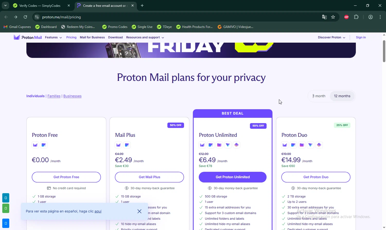ProtonMail checkout page showing ProtonMail discount code box | Screenshot taken by SimplyCodes community member on Nov 30, 2025