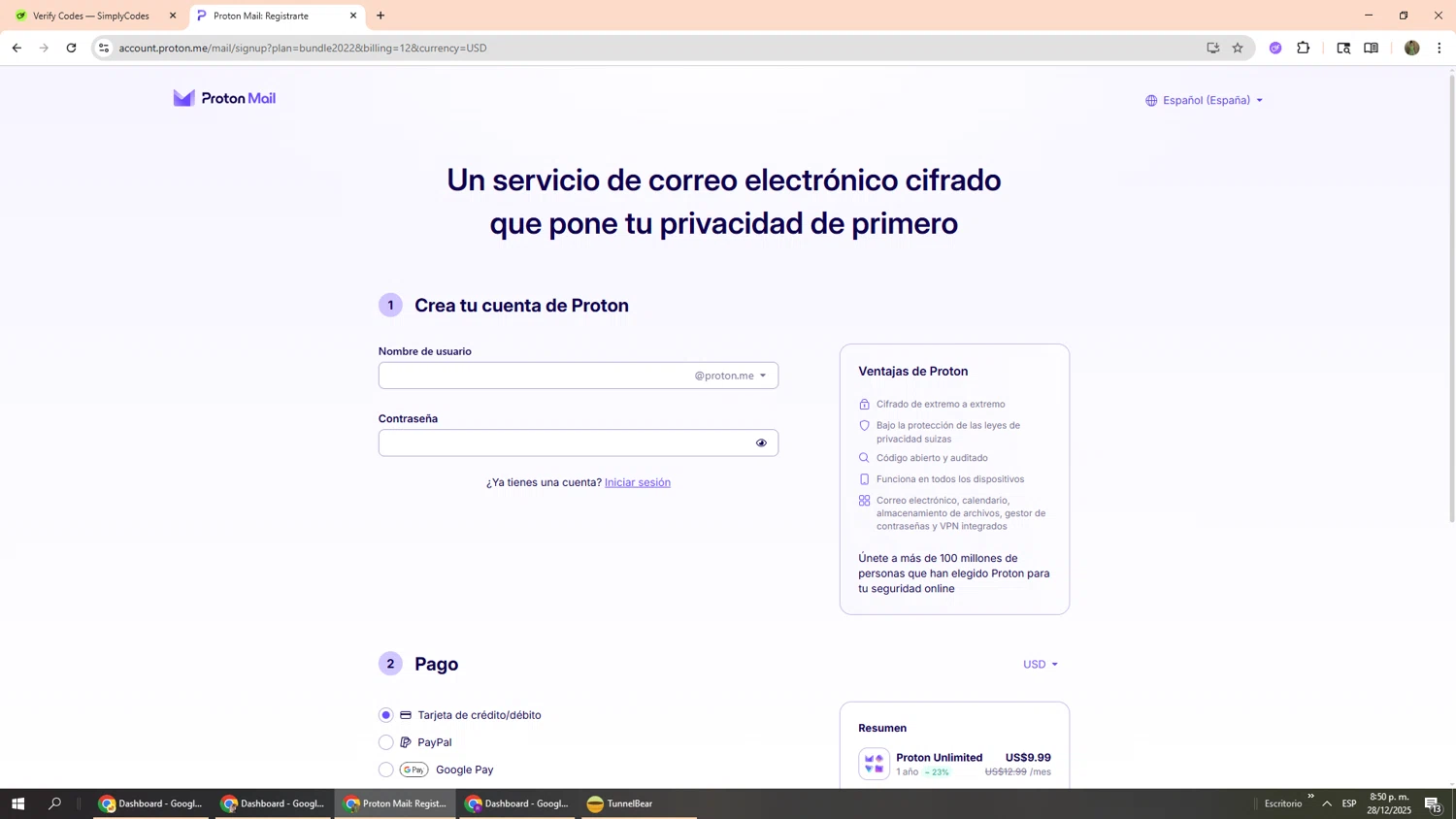 ProtonMail discount code screenshot showing code BF25BUNDLEPROMO applied at ProtonMail checkout page. Uploaded by SimplyCodes community member Phoenix585 on Dec 29, 2025