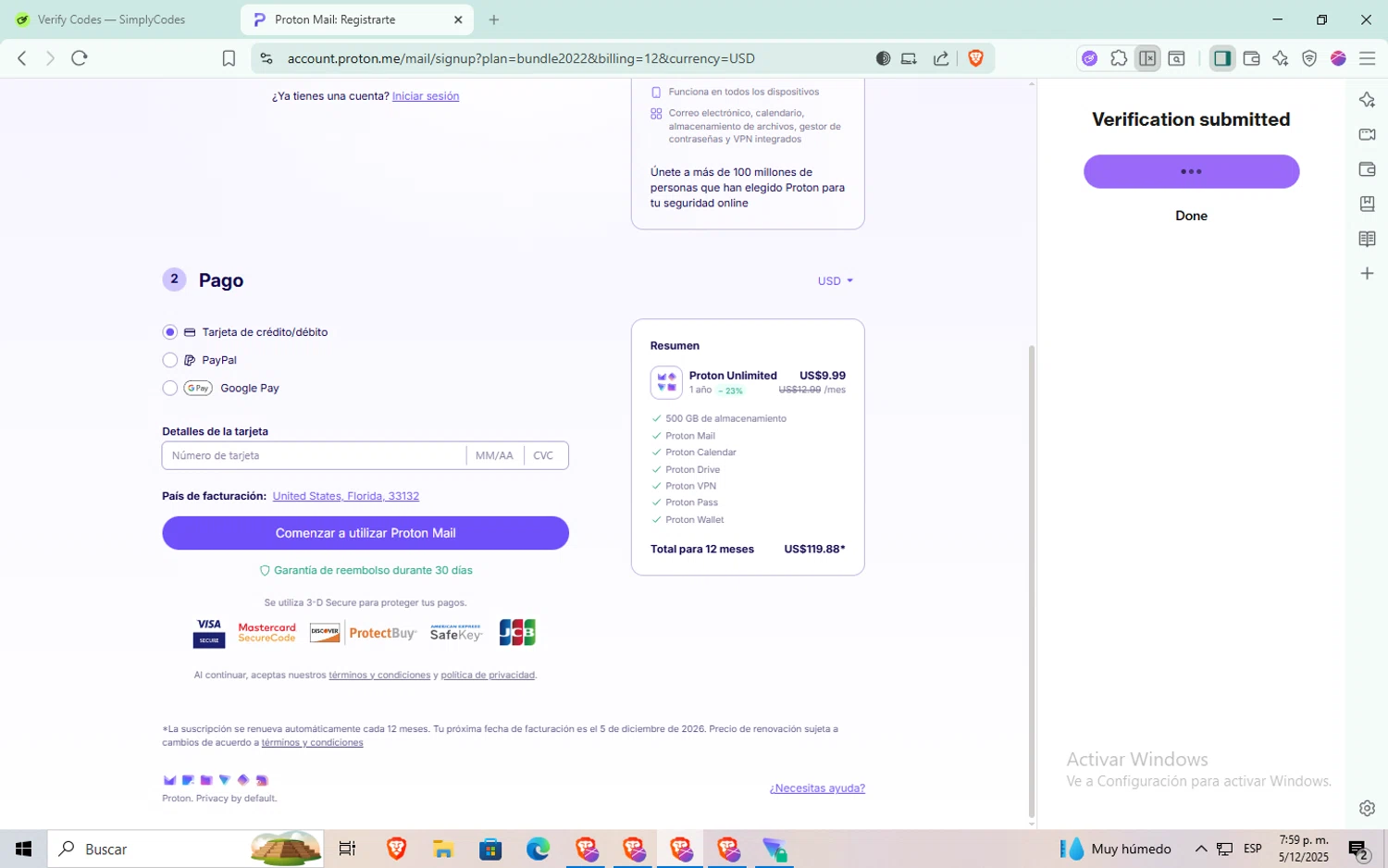 ProtonMail discount code screenshot showing code BF25BUNDLEPROMO applied at ProtonMail checkout page. Uploaded by SimplyCodes community member aaaaaaaaaaaaaaa on Dec 6, 2025
