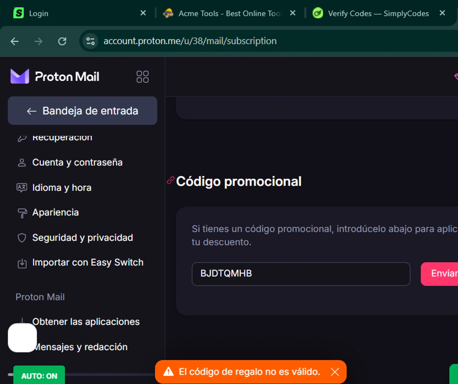Verification screenshot for $20 Off Storewide (new Customers Only) at ProtonMail - 4mo ago