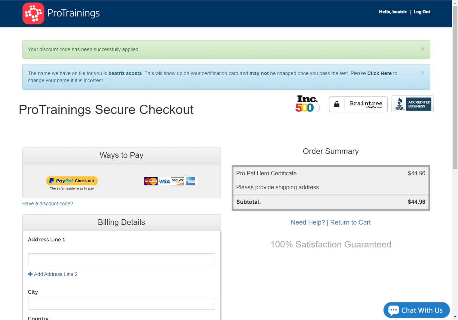 ProTrainings checkout page showing ProTrainings discount code box | Screenshot taken by SimplyCodes community member on Oct 31, 2023