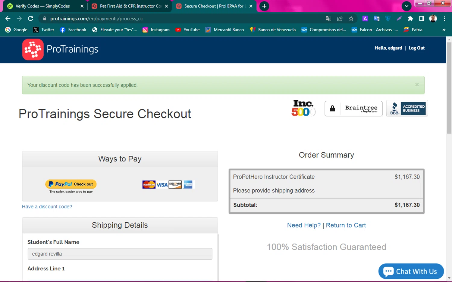 ProTrainings checkout page showing ProTrainings discount code box | Screenshot taken by SimplyCodes community member on Jul 24, 2024