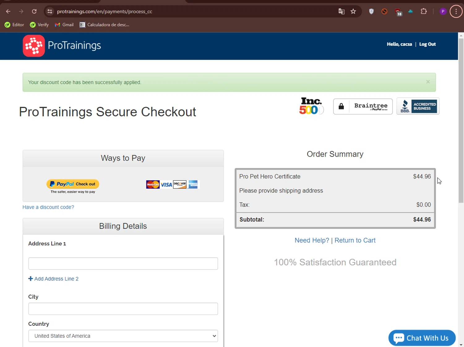 ProTrainings checkout page showing ProTrainings discount code box | Screenshot taken by SimplyCodes community member on Jul 24, 2024