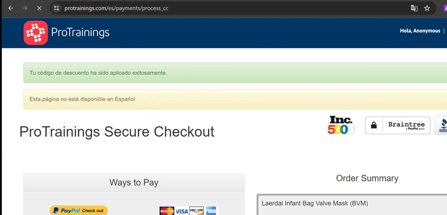 ProTrainings checkout page showing ProTrainings discount code box | Screenshot taken by SimplyCodes community member on May 13, 2024