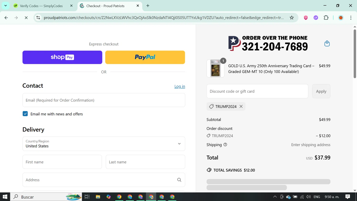 Proud Patriots discount code screenshot showing code TRUMP2024 applied at Proud Patriots checkout page. Uploaded by SimplyCodes community member ABUSAMADRES_ on Jun 19, 2025