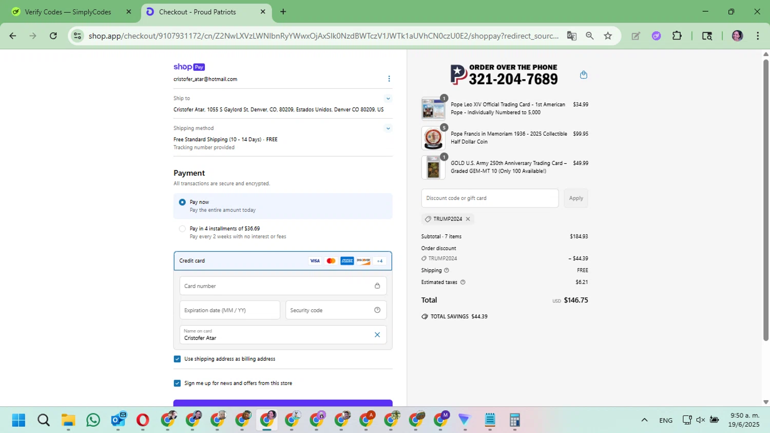 Proud Patriots discount code screenshot showing code TRUMP2024 applied at Proud Patriots checkout page. Uploaded by SimplyCodes community member Mari_perez on Jun 19, 2025