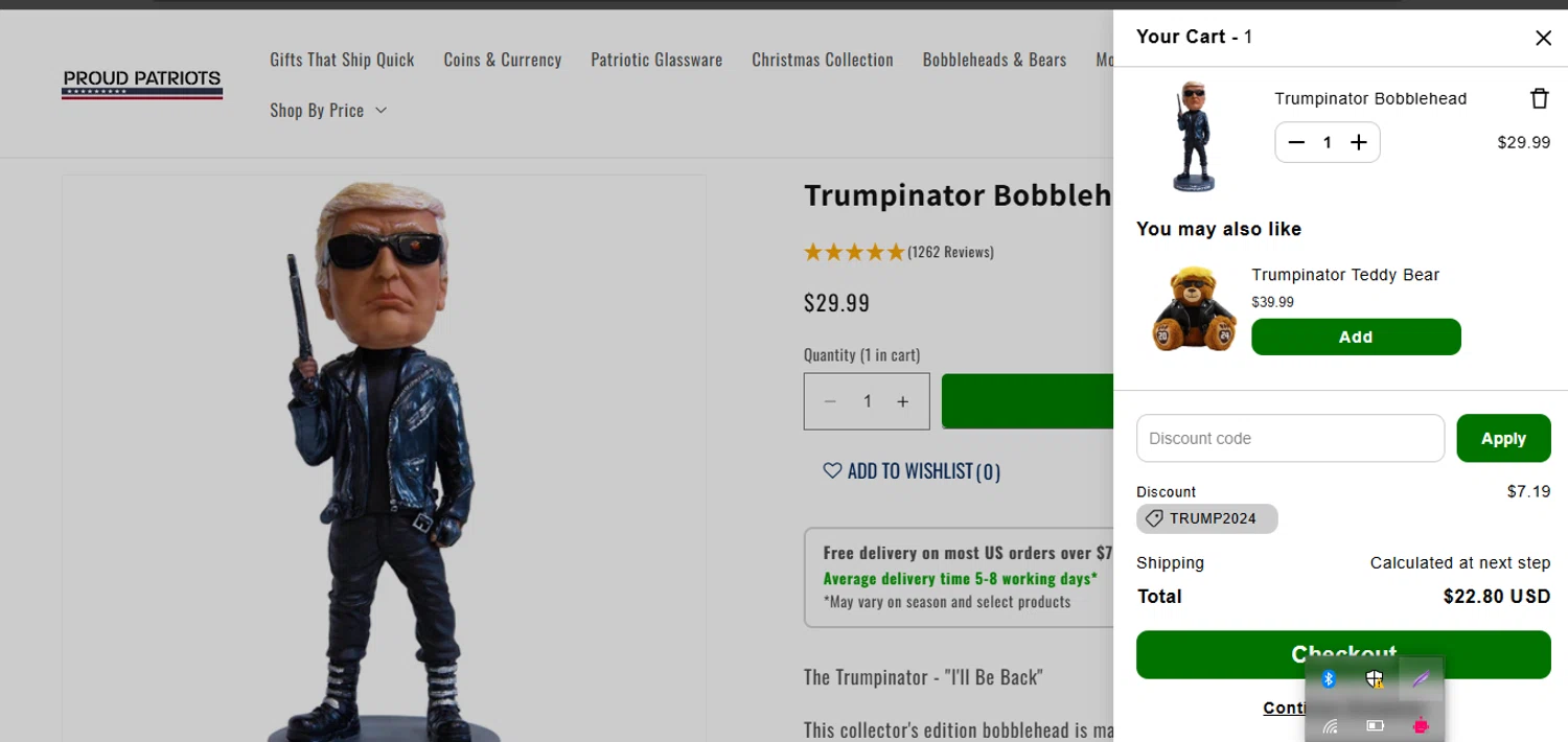 Proud Patriots discount code screenshot showing code TRUMP2024 applied at Proud Patriots checkout page. Uploaded by SimplyCodes community member coder_916642691 on Dec 6, 2025