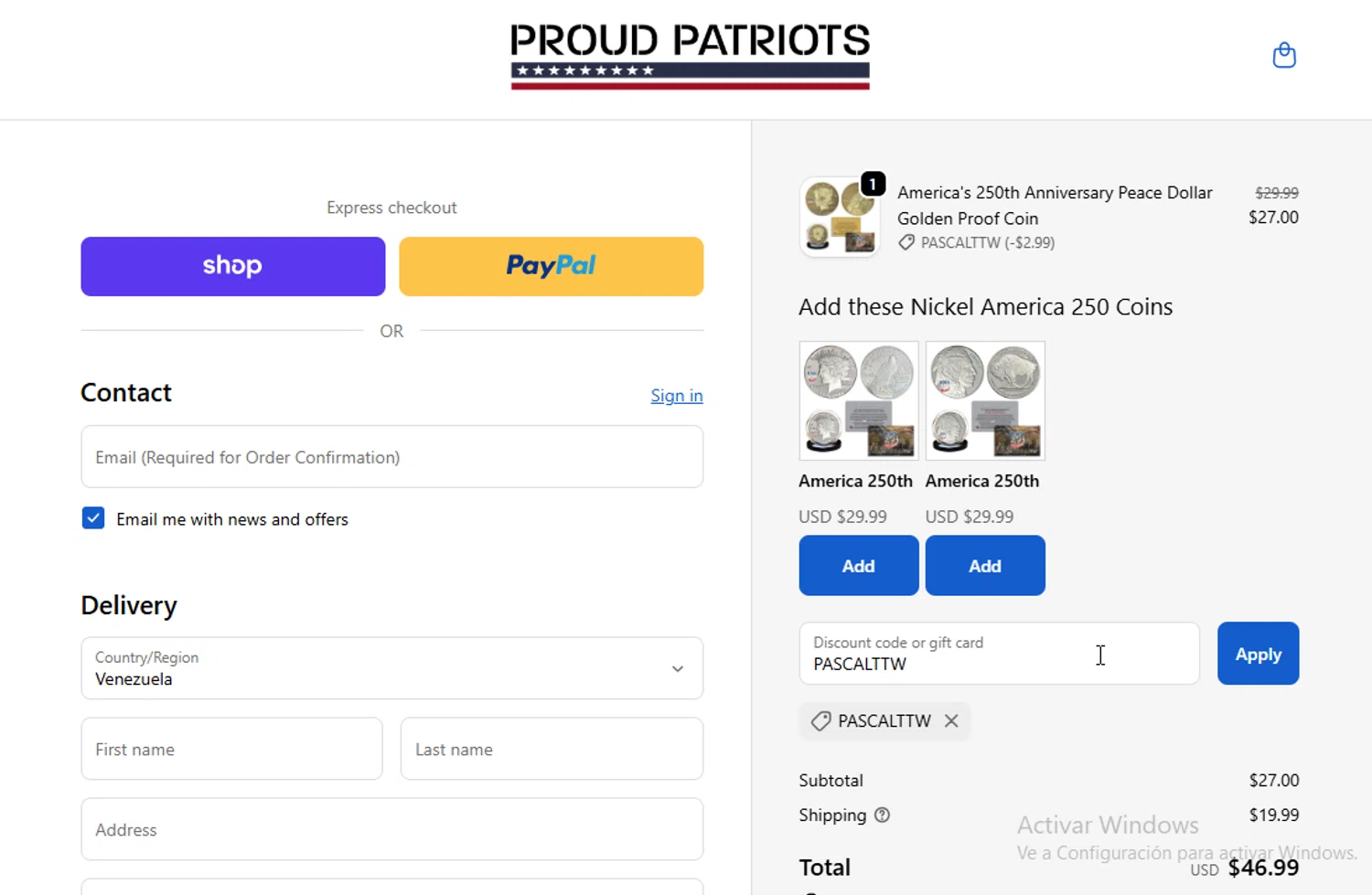 Proud Patriots discount code screenshot showing code PASCALTTW applied at Proud Patriots checkout page. Uploaded by SimplyCodes community member BudgetGuardian5712 on Dec 1, 2025