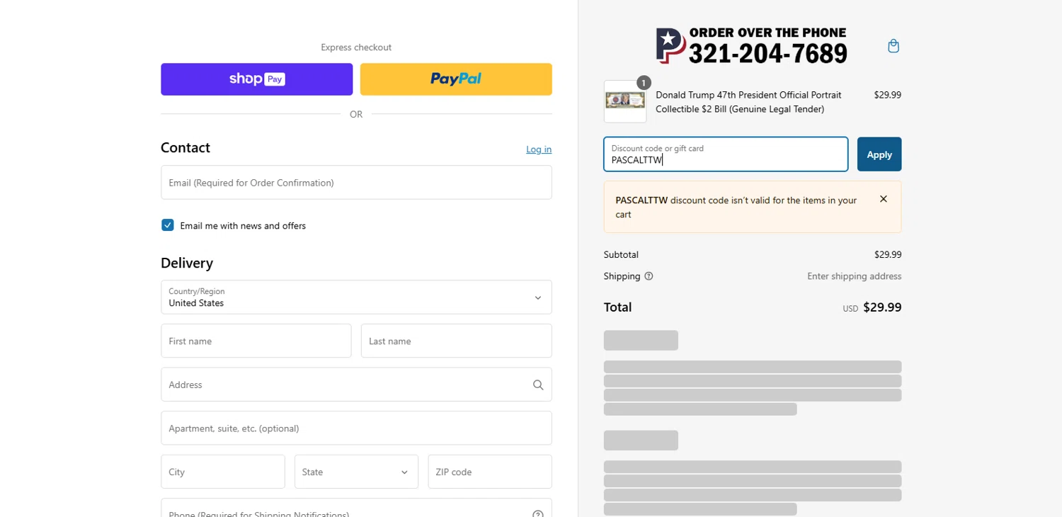 Proud Patriots discount code screenshot showing code PASCALTTW applied at Proud Patriots checkout page. Uploaded by SimplyCodes community member dimitriv on Feb 2, 2025