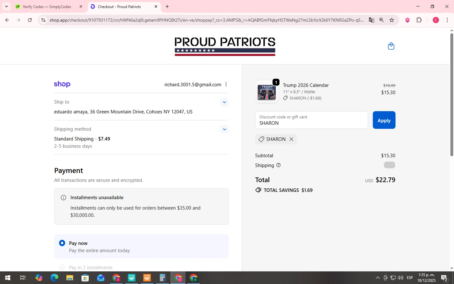 Proud Patriots discount code screenshot showing code SHARON applied at Proud Patriots checkout page. Uploaded by SimplyCodes community member LegendaryWhiz3517 on Dec 18, 2025