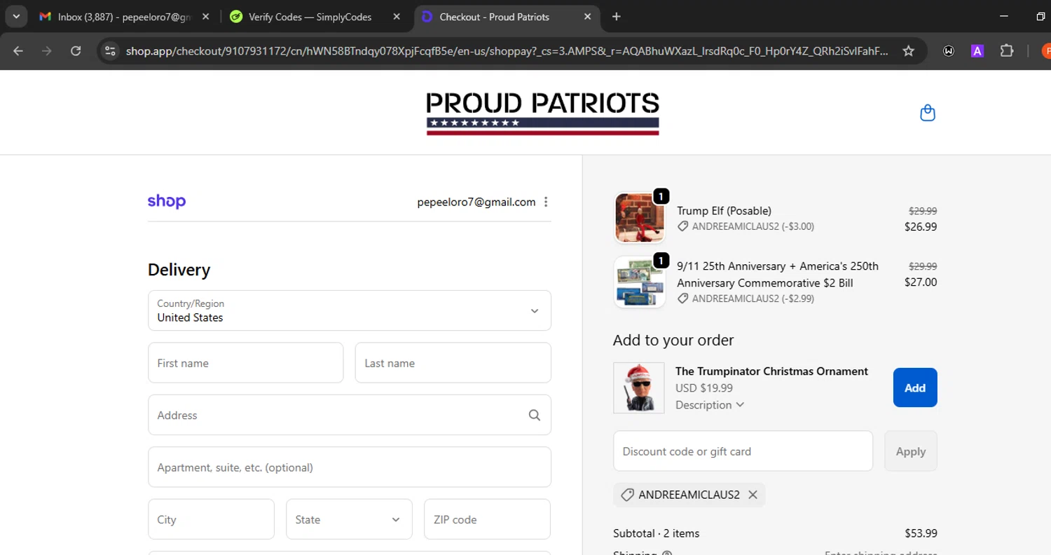 Proud Patriots discount code screenshot showing code ANDREEAMICLAUS2 applied at Proud Patriots checkout page. Uploaded by SimplyCodes community member Eminem on Nov 10, 2025
