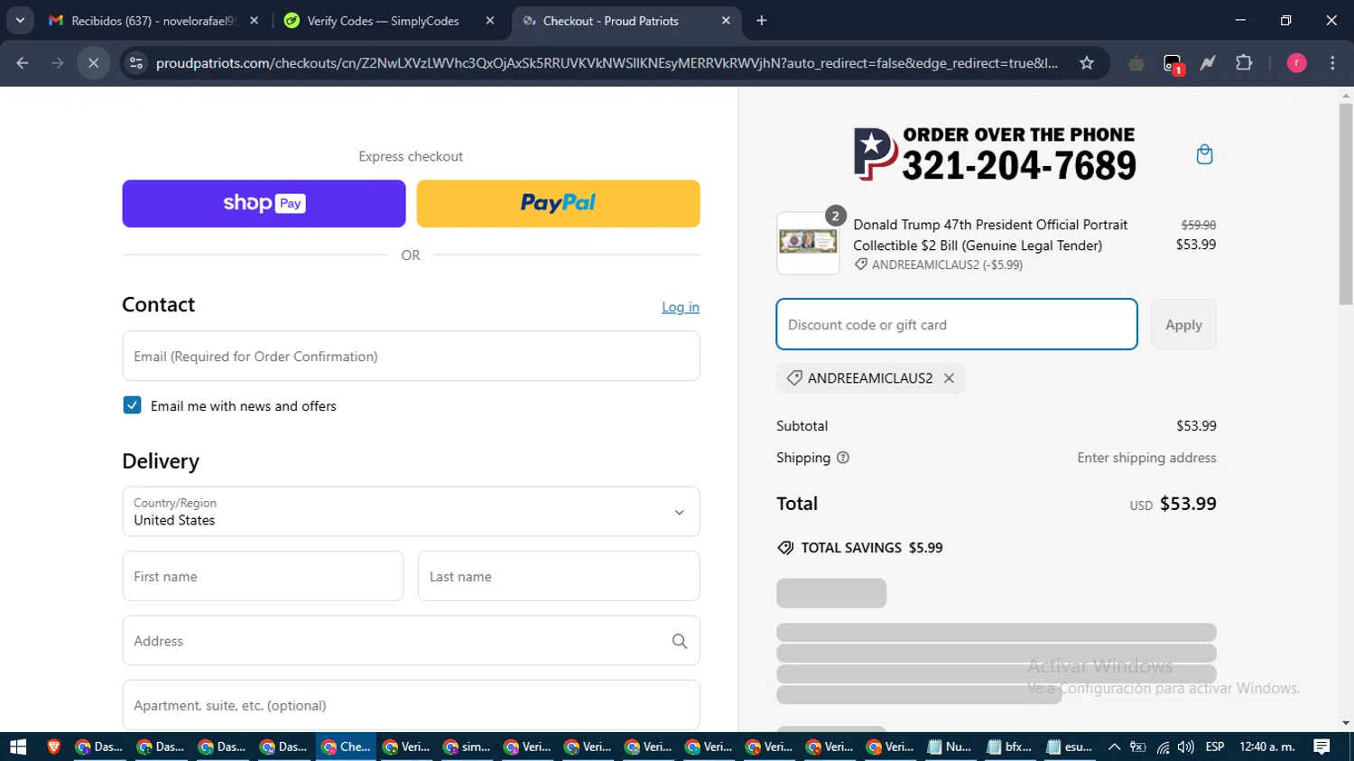 Proud Patriots discount code screenshot showing code ANDREEAMICLAUS2 applied at Proud Patriots checkout page. Uploaded by SimplyCodes community member WisePro3739 on Mar 7, 2025