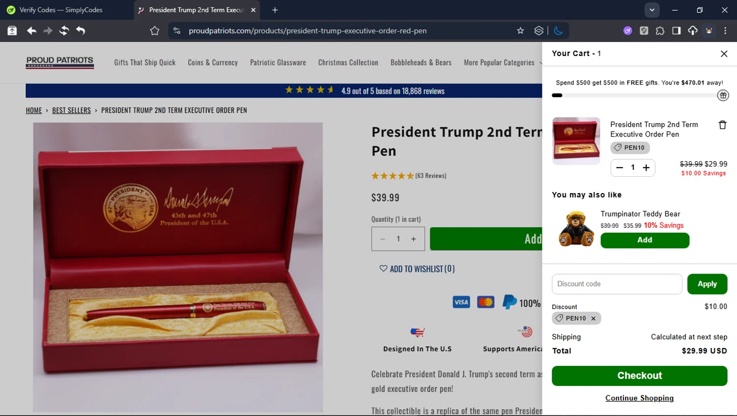 Proud Patriots discount code screenshot showing code PEN10 applied at Proud Patriots checkout page. Uploaded by SimplyCodes community member CleverPioneer8971 on Dec 19, 2025