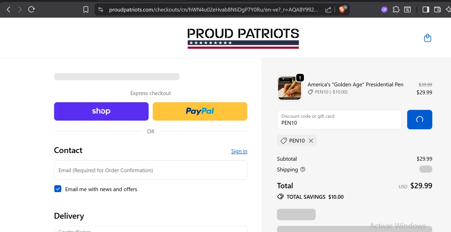Proud Patriots discount code screenshot showing code PEN10 applied at Proud Patriots checkout page. Uploaded by SimplyCodes community member GloriousTitan3094 on Nov 4, 2025