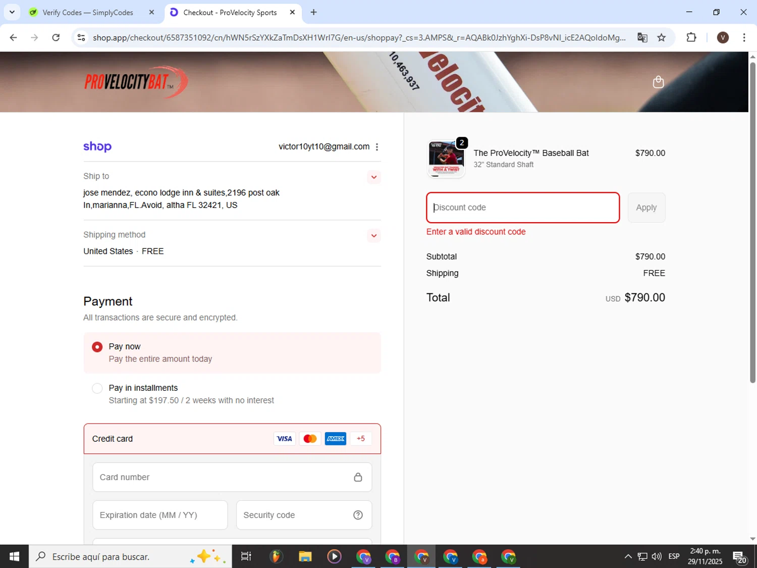 ProVelocityBat promo code screenshot showing code KINGOFJUCO applied at ProVelocityBat checkout page. Uploaded by SimplyCodes community member CashLion3448 on Nov 29, 2025