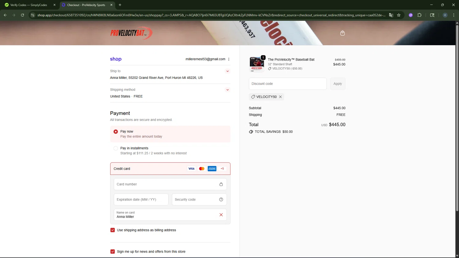 ProVelocityBat promo code screenshot showing code VELOCITY50 applied at ProVelocityBat checkout page. Uploaded by SimplyCodes community member CouponAce2971 on Feb 14, 2026