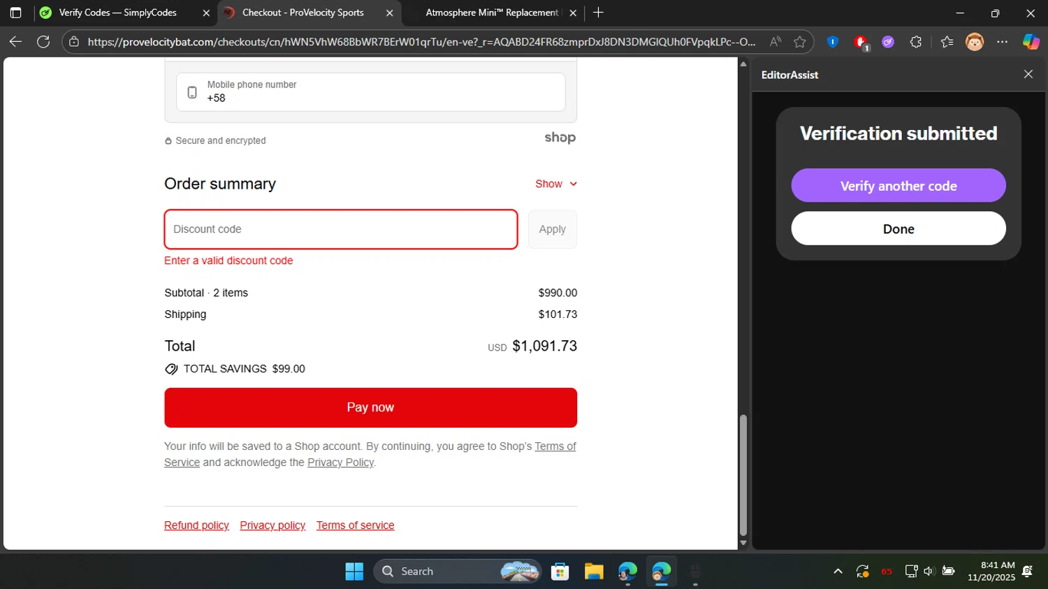 ProVelocityBat promo code screenshot showing code VELOCITY50 applied at ProVelocityBat checkout page. Uploaded by SimplyCodes community member Don_Quixote on Nov 20, 2025