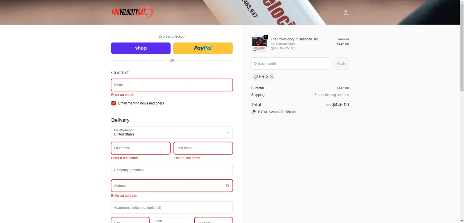 ProVelocityBat promo code screenshot showing code HH10 applied at ProVelocityBat checkout page. Uploaded by SimplyCodes community member EpicEagle816 on Dec 14, 2025