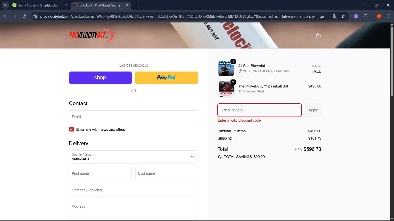 ProVelocityBat promo code screenshot showing code HH10 applied at ProVelocityBat checkout page. Uploaded by SimplyCodes community member RoyalSaver3150 on Dec 24, 2025