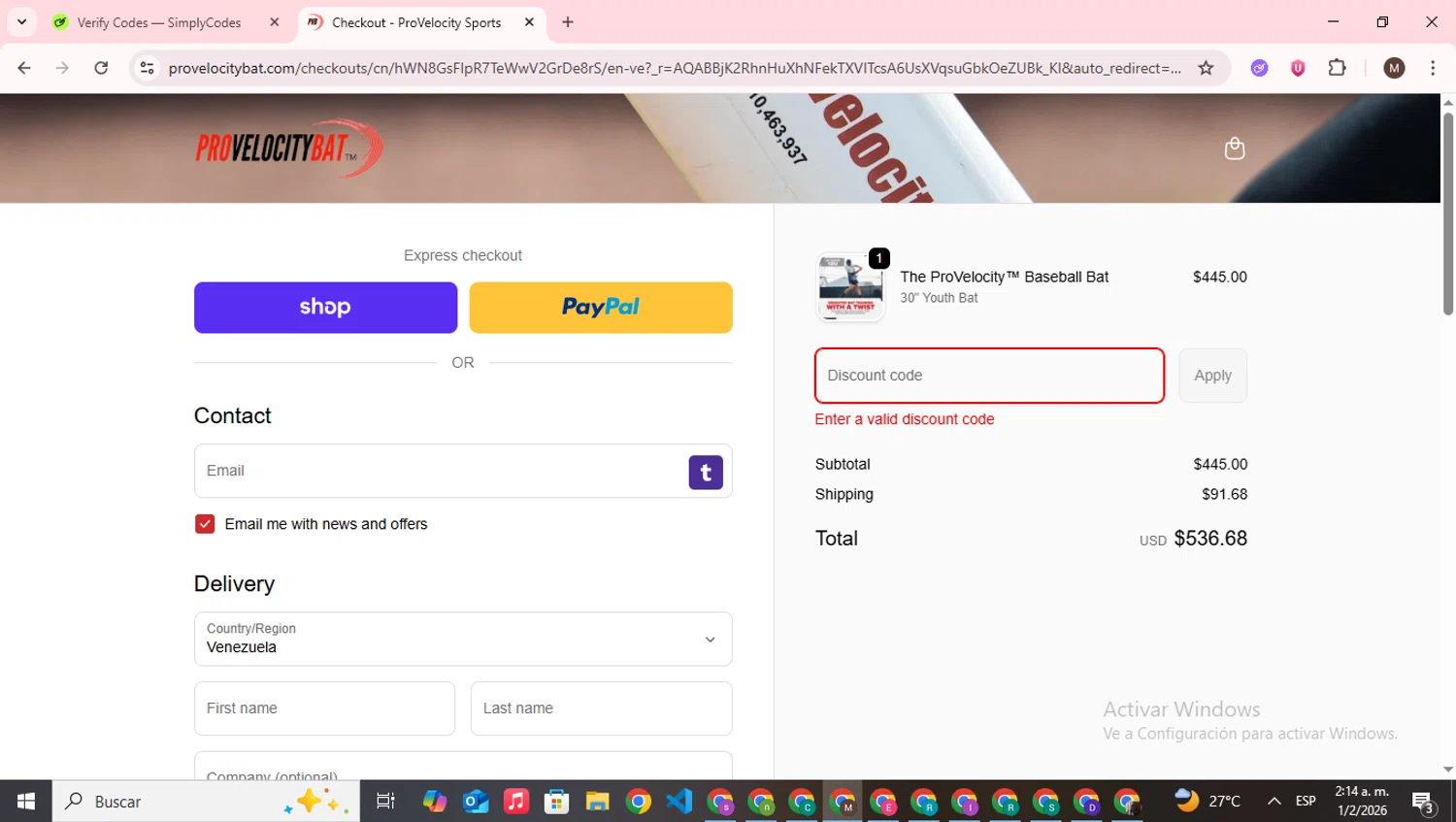 ProVelocityBat promo code screenshot showing code 50OFF_N8C3AINIQ applied at ProVelocityBat checkout page. Uploaded by SimplyCodes community member WonderWizard9060 on Feb 1, 2026