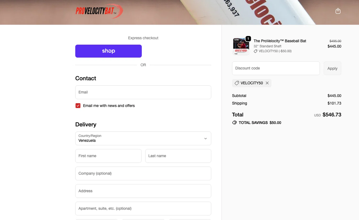 ProVelocityBat promo code screenshot showing code VELOCITY50 applied at ProVelocityBat checkout page. Uploaded by SimplyCodes community member ELOIN777 on Dec 14, 2025