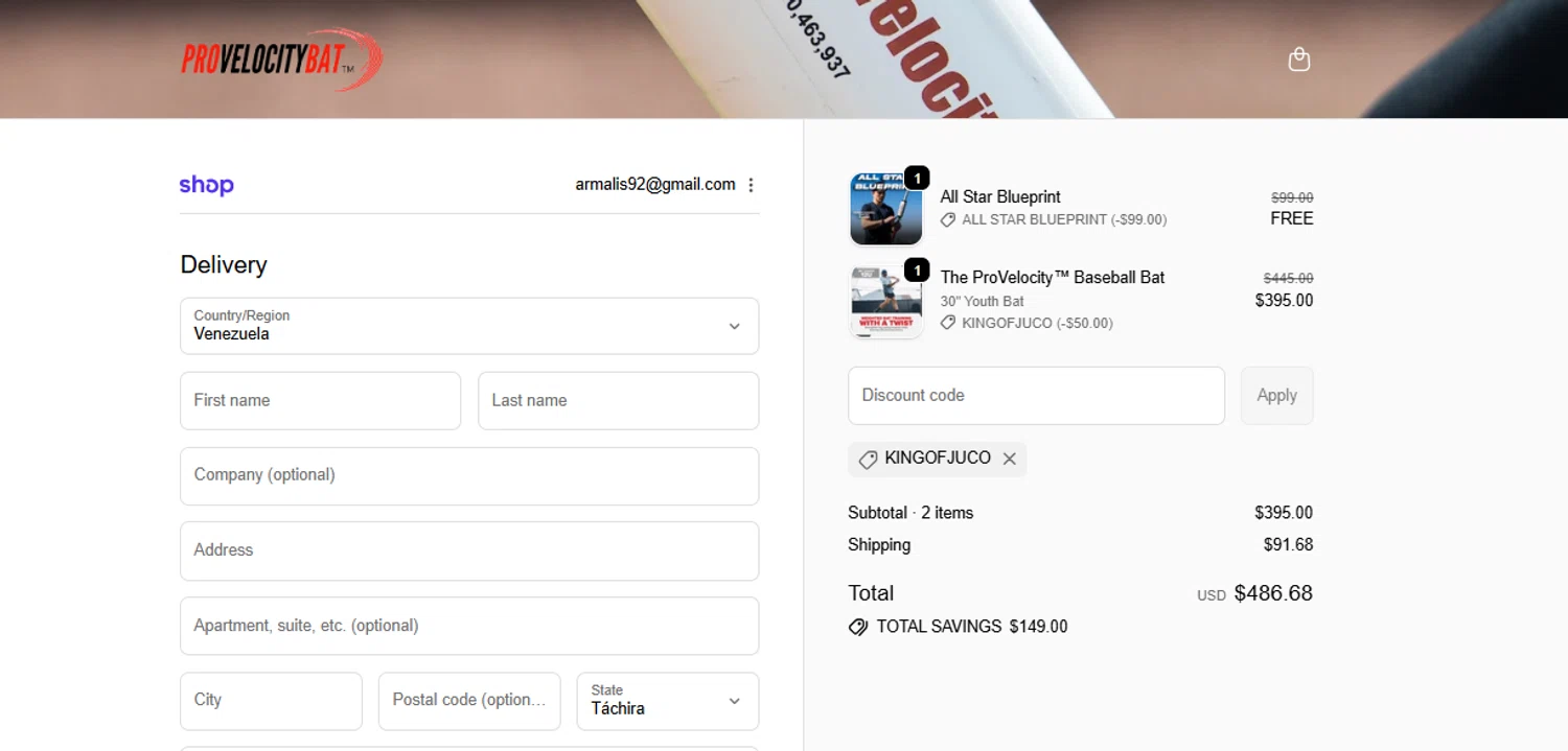 ProVelocityBat promo code screenshot showing code KINGOFJUCO applied at ProVelocityBat checkout page. Uploaded by SimplyCodes community member armalissolorzano1 on Jan 30, 2026