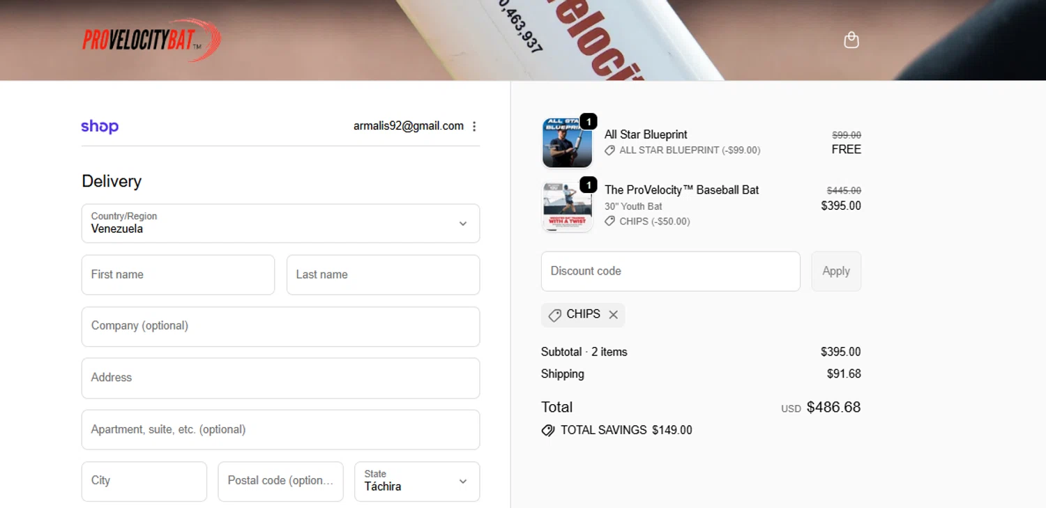 ProVelocityBat promo code screenshot showing code CHIPS applied at ProVelocityBat checkout page. Uploaded by SimplyCodes community member armalissolorzano1 on Jan 30, 2026