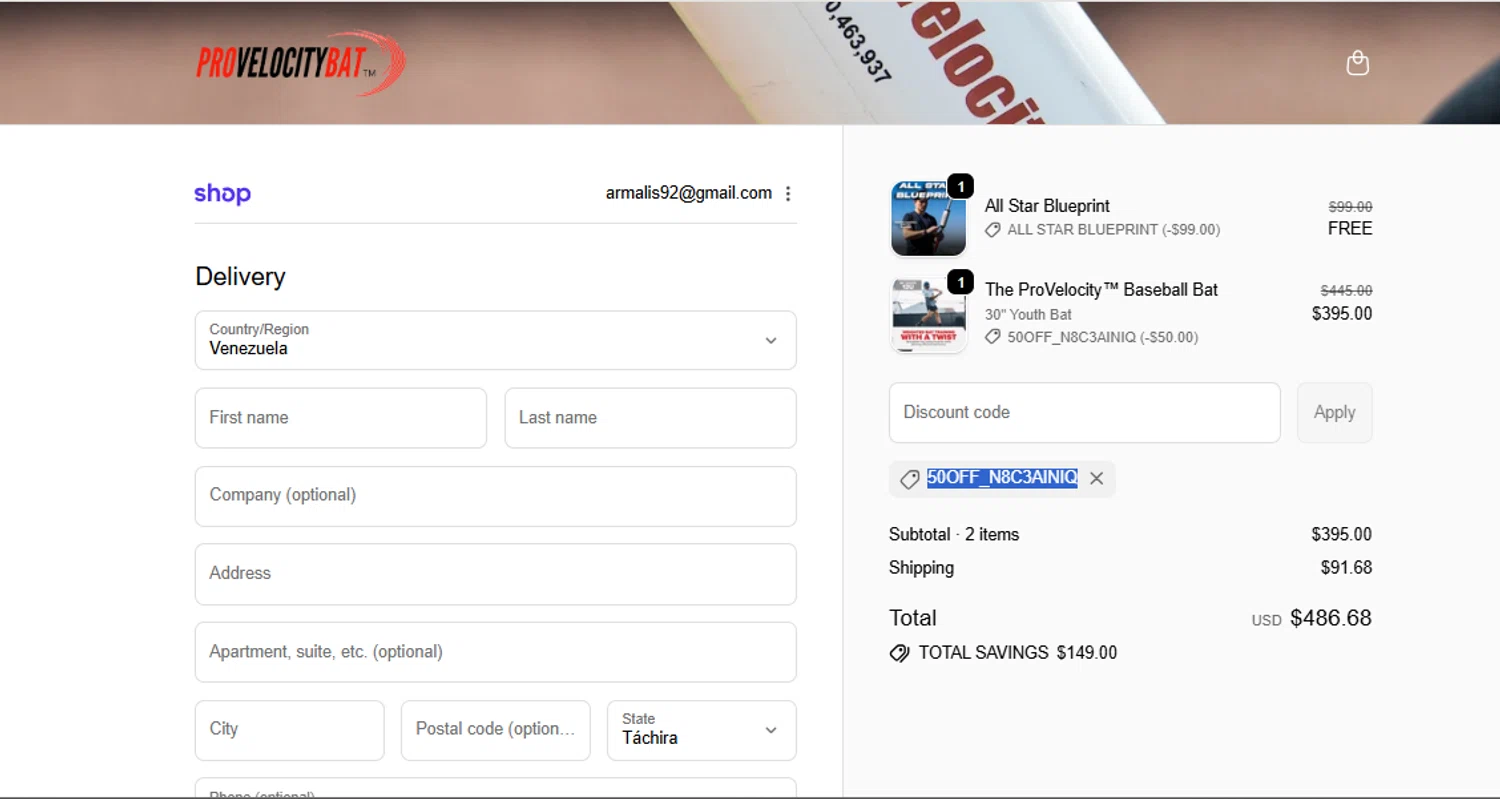 ProVelocityBat promo code screenshot showing code 50OFF_N8C3AINIQ applied at ProVelocityBat checkout page. Uploaded by SimplyCodes community member armalissolorzano1 on Jan 30, 2026