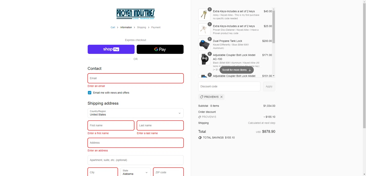 Proven Industries discount code screenshot showing code PROVEN15 applied at Proven Industries checkout page. Uploaded by SimplyCodes community member NobleMaestro6498 on Jul 16, 2025