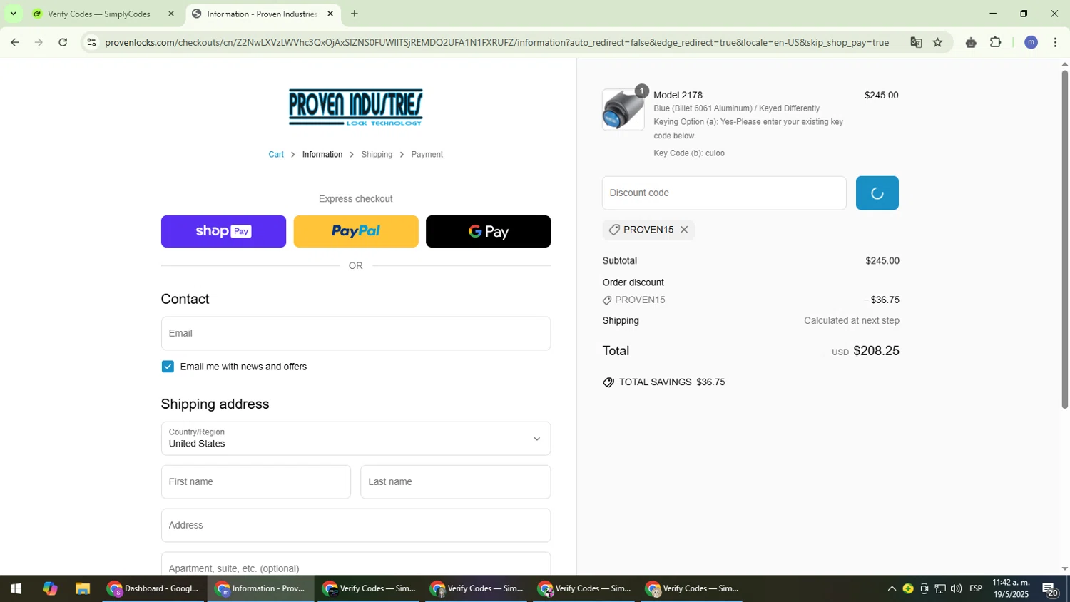 Proven Industries discount code screenshot showing code PROVEN15 applied at Proven Industries checkout page. Uploaded by SimplyCodes community member QuestDefender2661 on May 19, 2025