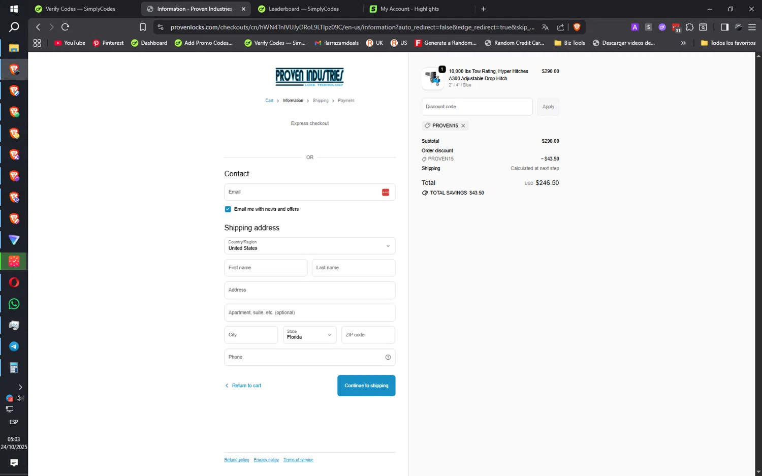 Proven Industries discount code screenshot showing code PROVEN15 applied at Proven Industries checkout page. Uploaded by SimplyCodes community member ilarrazaM1 on Oct 24, 2025