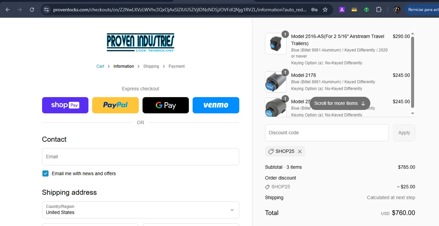 Proven Industries discount code screenshot showing code SHOP25 applied at Proven Industries checkout page. Uploaded by SimplyCodes community member Eduard on May 18, 2025