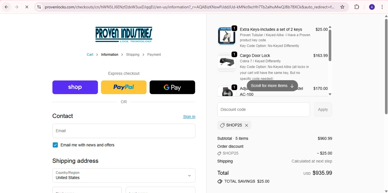 Proven Industries discount code screenshot showing code SHOP25 applied at Proven Industries checkout page. Uploaded by SimplyCodes community member PromoExpert5262 on Nov 16, 2025
