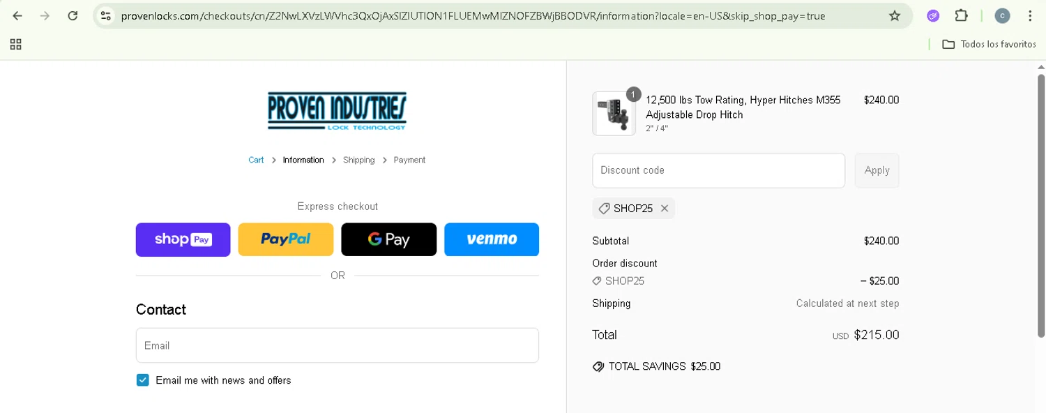 Proven Industries discount code screenshot showing code SHOP25 applied at Proven Industries checkout page. Uploaded by SimplyCodes community member NobleSentinel8535 on May 18, 2025