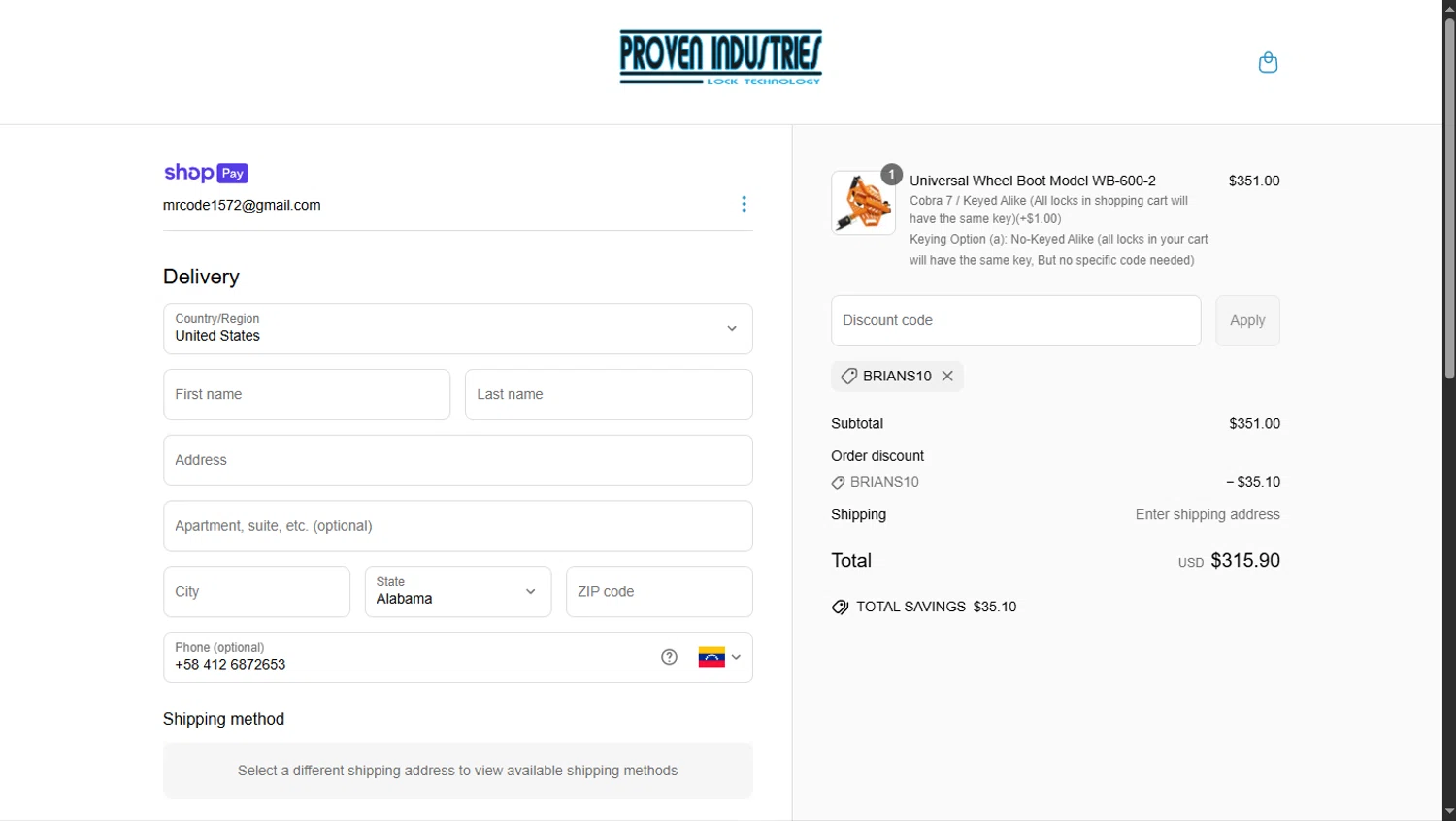 Proven Industries discount code screenshot showing code BRIANS10 applied at Proven Industries checkout page. Uploaded by SimplyCodes community member TokioMiller on Jun 1, 2025