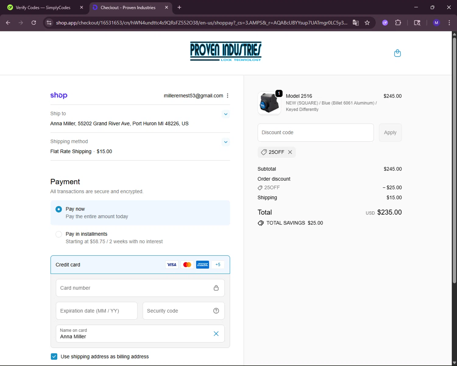 Proven Industries discount code screenshot showing code 25OFF applied at Proven Industries checkout page. Uploaded by SimplyCodes community member RewardLynx5307 on Nov 4, 2025