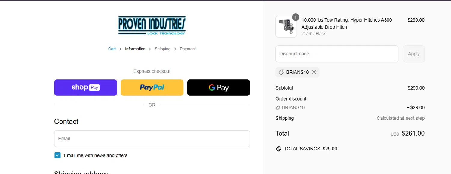 Proven Industries discount code screenshot showing code BRIANS10 applied at Proven Industries checkout page. Uploaded by SimplyCodes community member ashe1986 on May 16, 2025