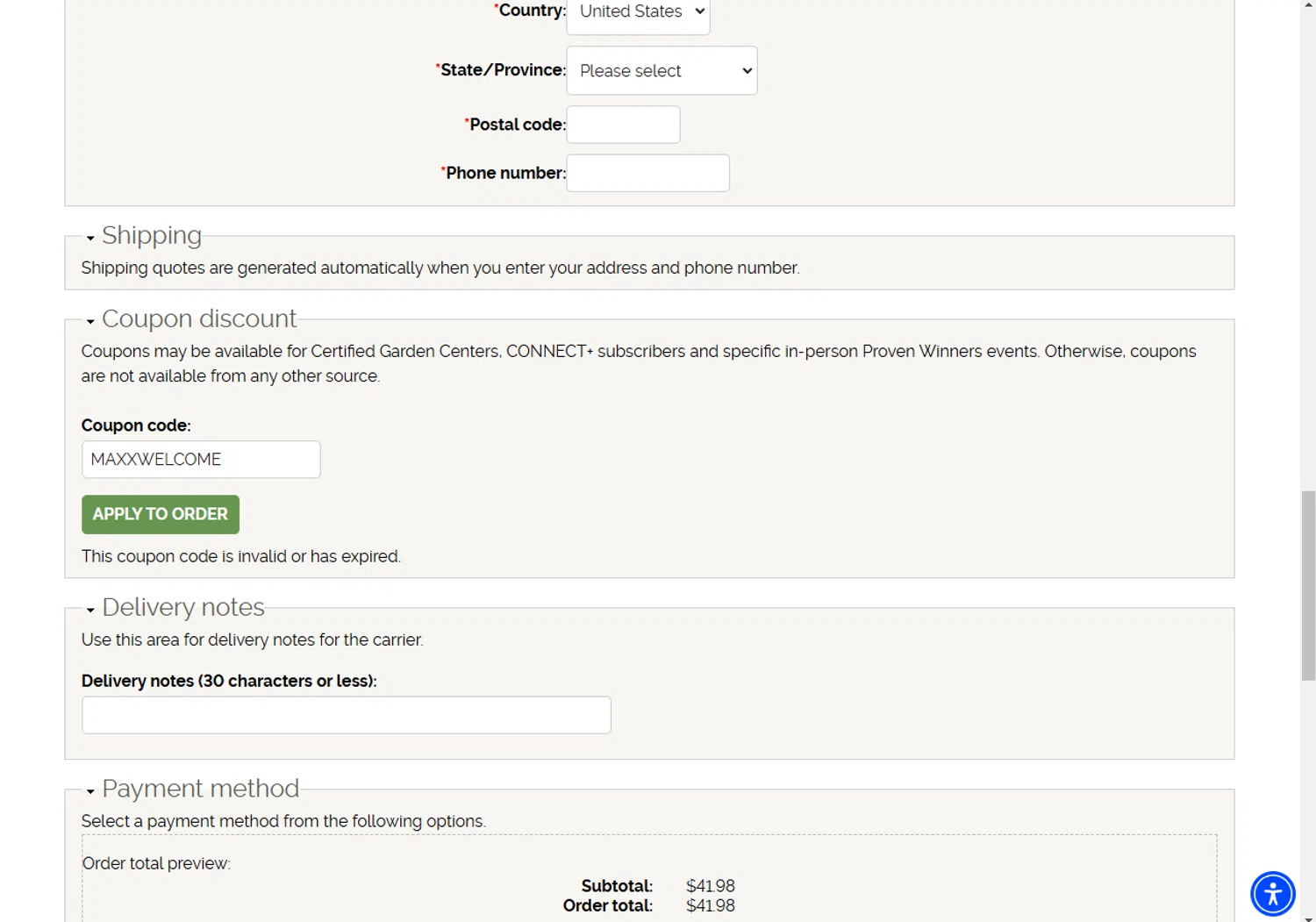 Proven Winners coupon code screenshot showing code MAXXWELCOME applied at Proven Winners checkout page. Uploaded by SimplyCodes community member rosatulos_423295234 on Mar 7, 2025