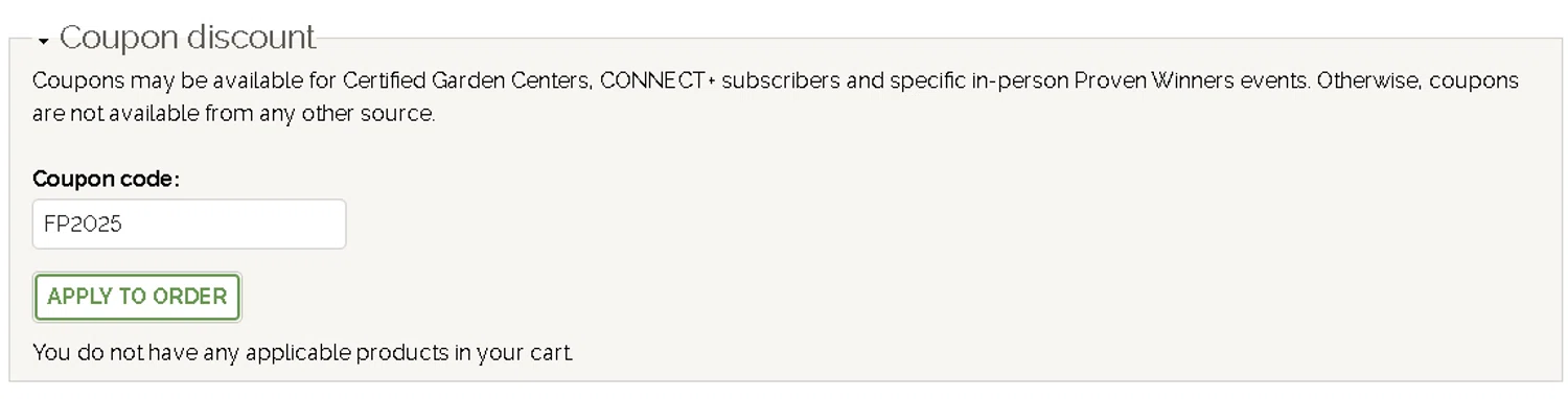 Proven Winners coupon code screenshot showing code FP2025 applied at Proven Winners checkout page. Uploaded by SimplyCodes community member ThriftyWarden2534 on Jun 18, 2025