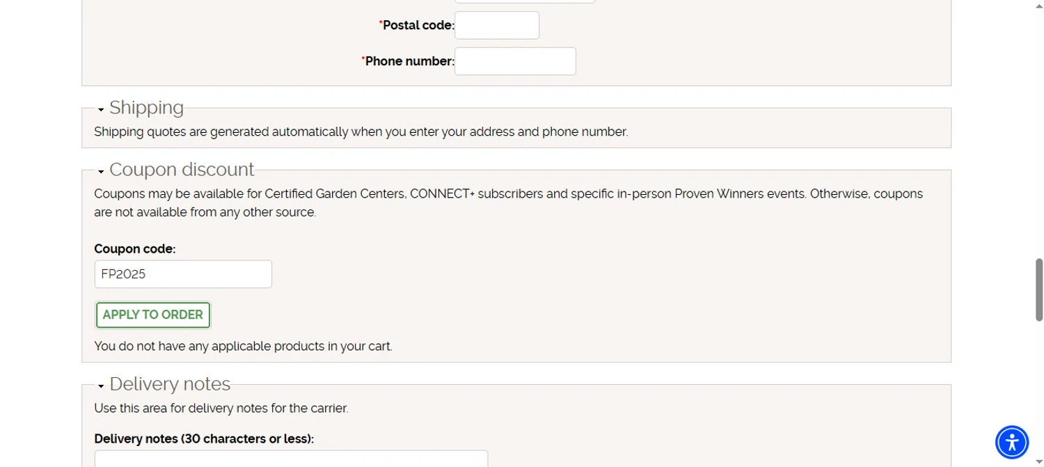 Proven Winners coupon code screenshot showing code FP2025 applied at Proven Winners checkout page. Uploaded by SimplyCodes community member cuponbara on Jun 18, 2025