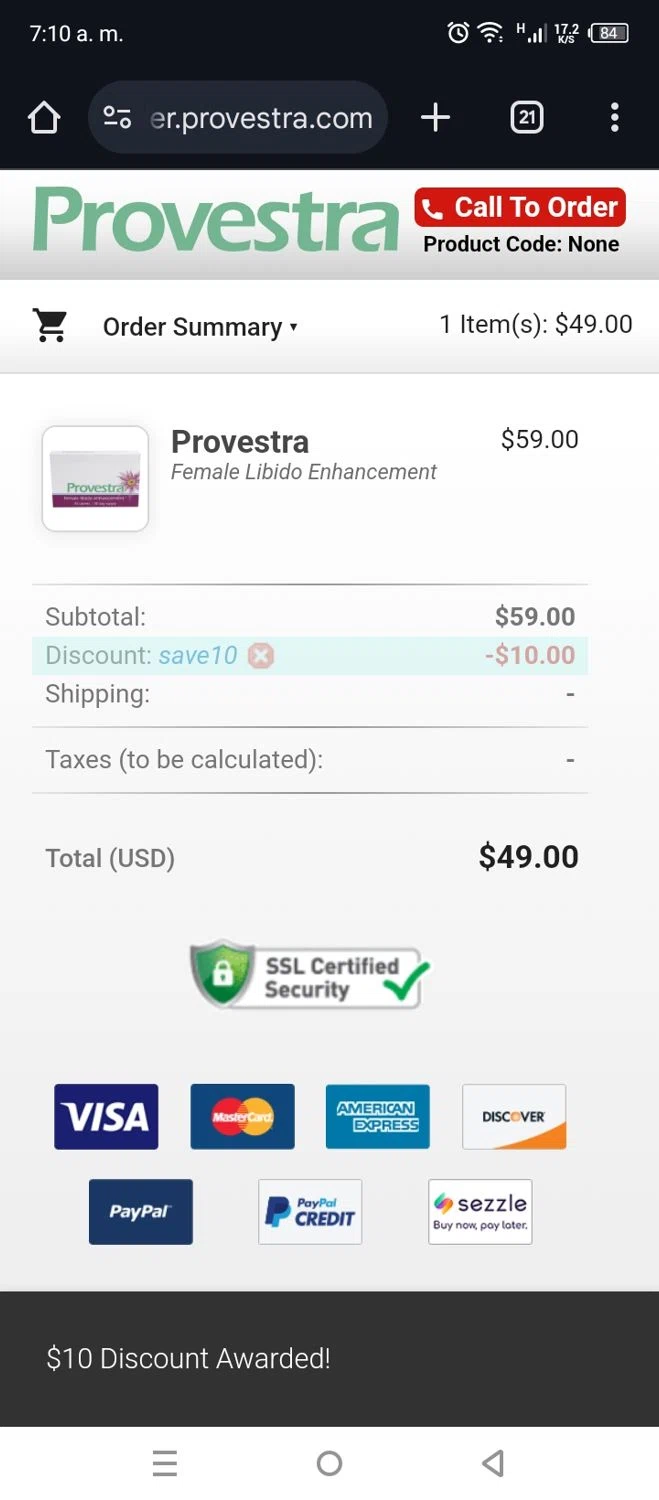 Provestra coupon code screenshot showing code SAVE10 applied at Provestra checkout page. Uploaded by SimplyCodes community member VictoriousFalcon1812 on Jan 21, 2025