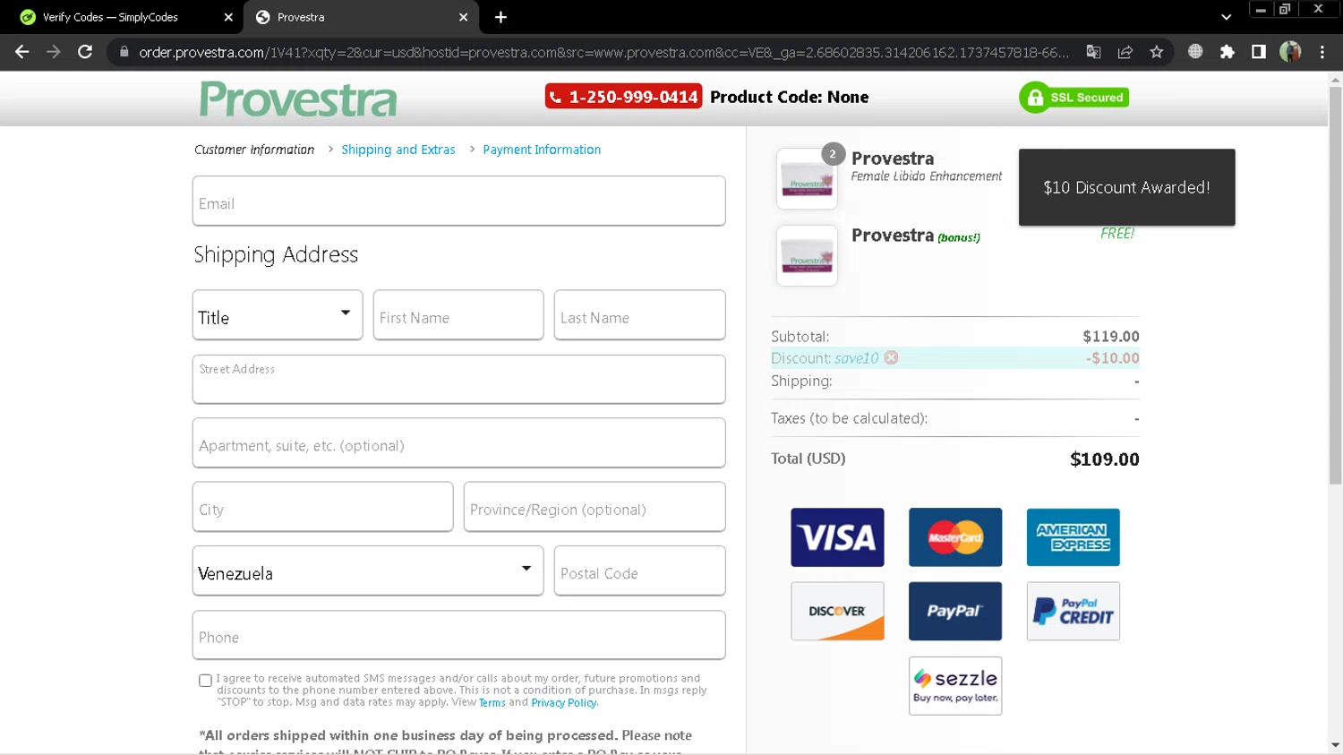 Provestra coupon code screenshot showing code SAVE10 applied at Provestra checkout page. Uploaded by SimplyCodes community member MoneySentinel7597 on Jan 21, 2025