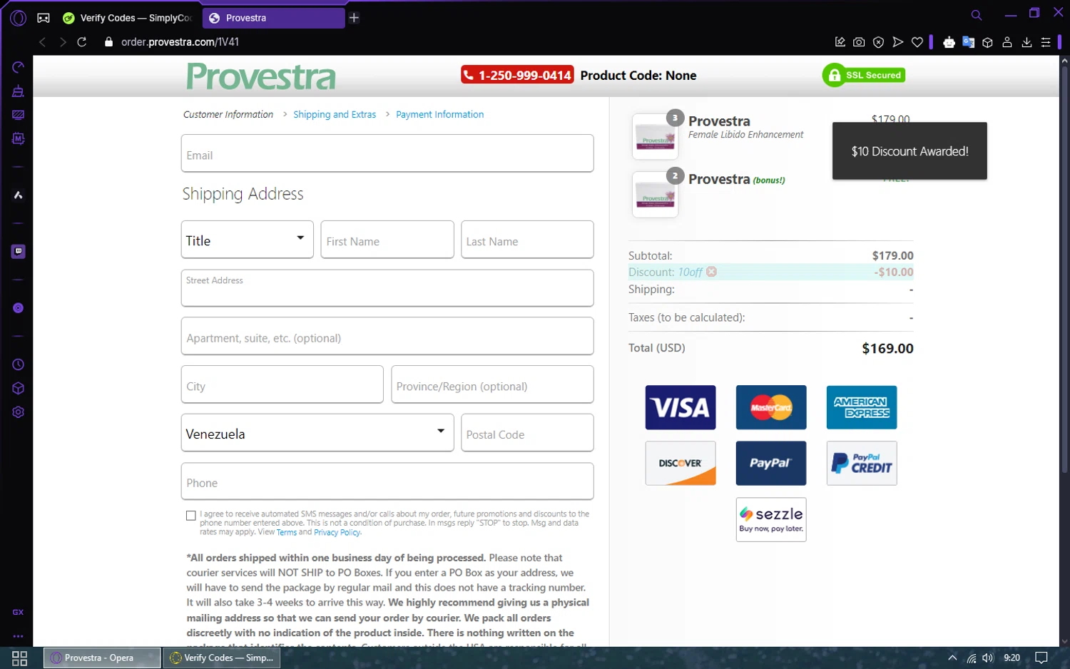 Provestra coupon code screenshot showing code 10OFF applied at Provestra checkout page. Uploaded by SimplyCodes community member FrugalSaver5213 on Jan 19, 2025