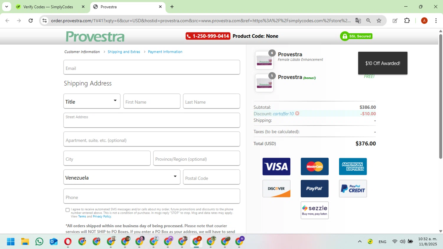 Provestra coupon code screenshot showing code CARTOFFER10 applied at Provestra checkout page. Uploaded by SimplyCodes community member FundoKadmiel on Aug 11, 2025