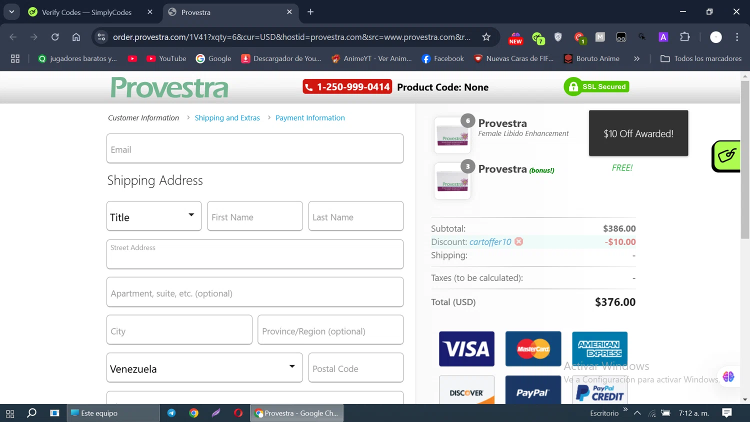 Provestra coupon code screenshot showing code CARTOFFER10 applied at Provestra checkout page. Uploaded by SimplyCodes community member TALLER1 on Jan 23, 2025